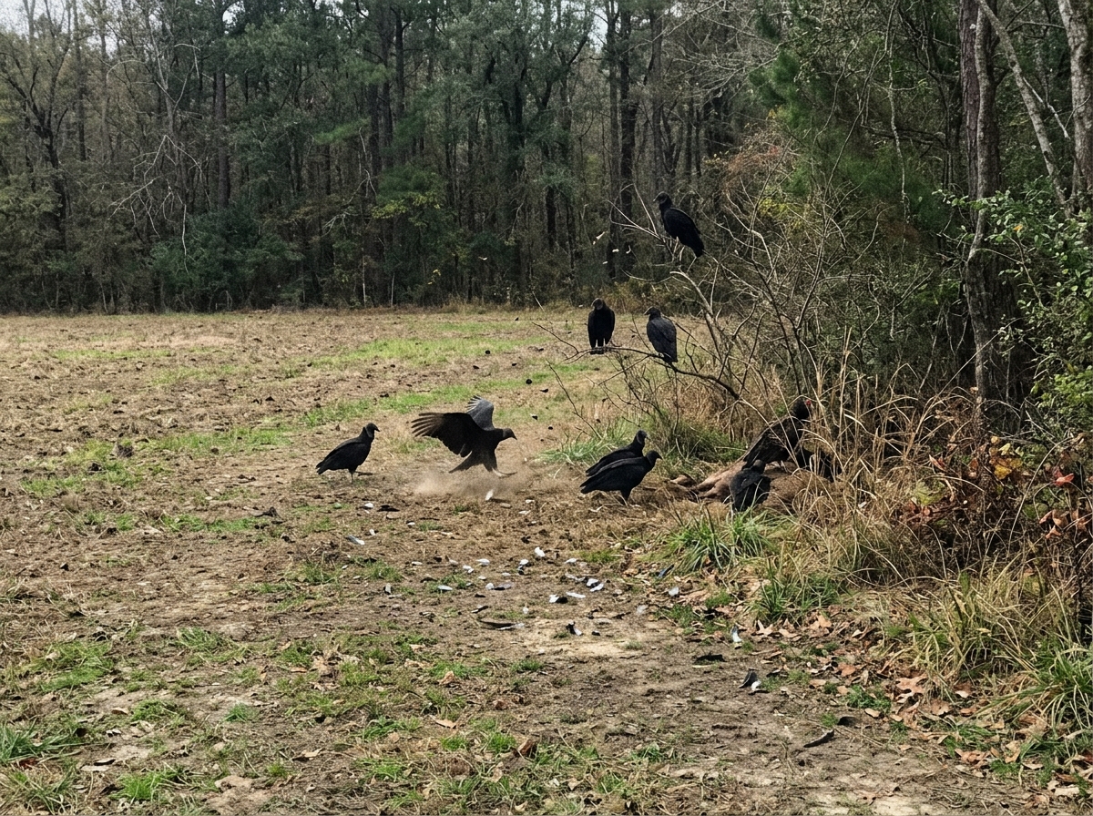 Carrion birds gathered near a decaying carcass at the edge of a forest