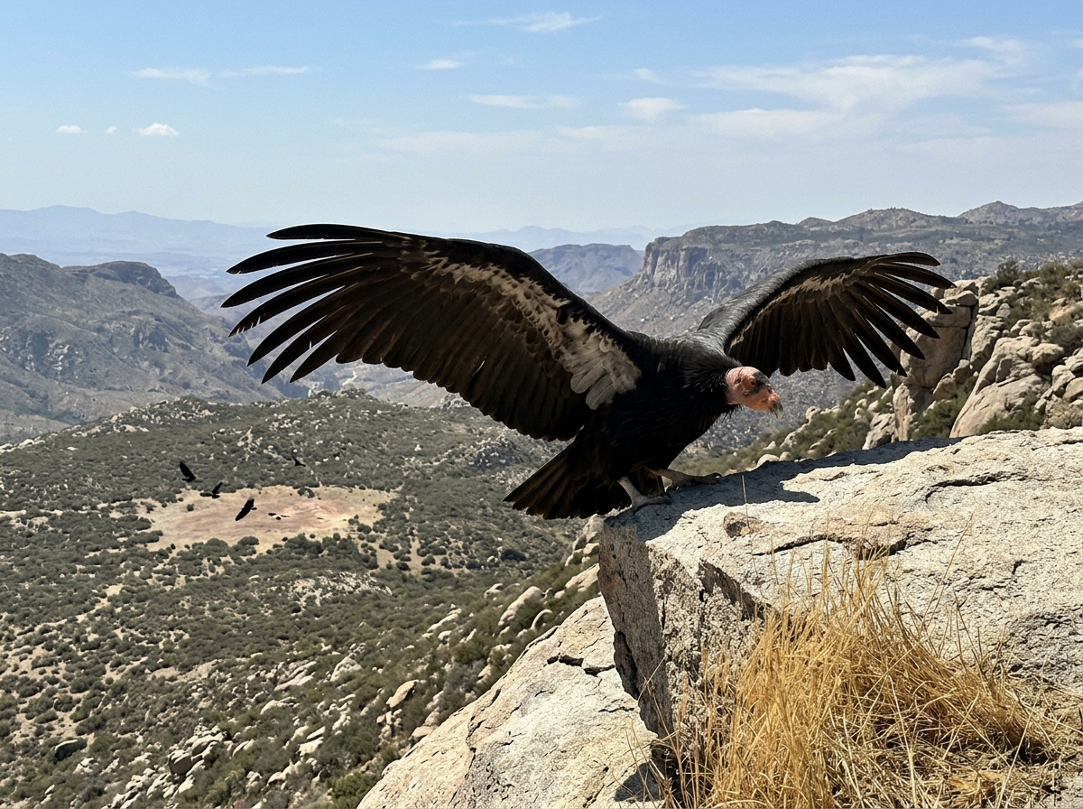 California condor perched in a rocky landscape implying carrion feeding