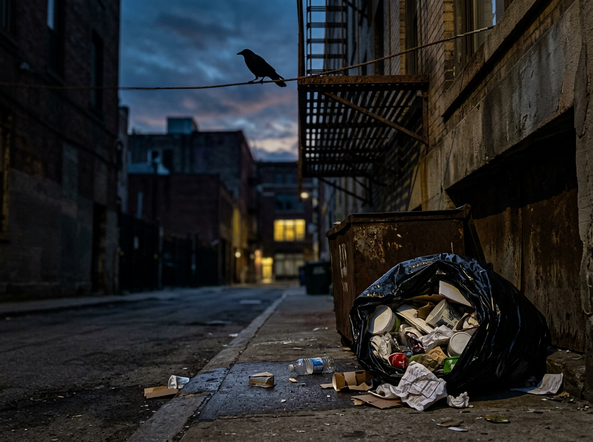 Crow perched near discarded items to suggest the metaphorical ‘carrion bird’