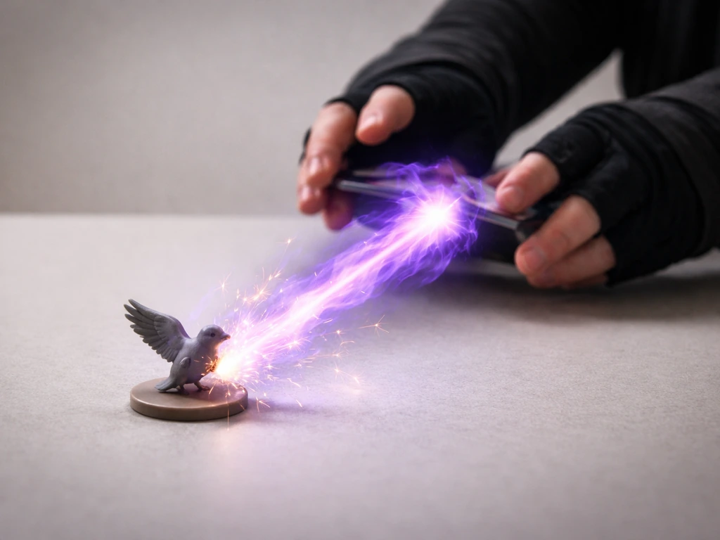 Gloved hands cast a glowing spell at a small bird-like creature token on a clean tabletop.