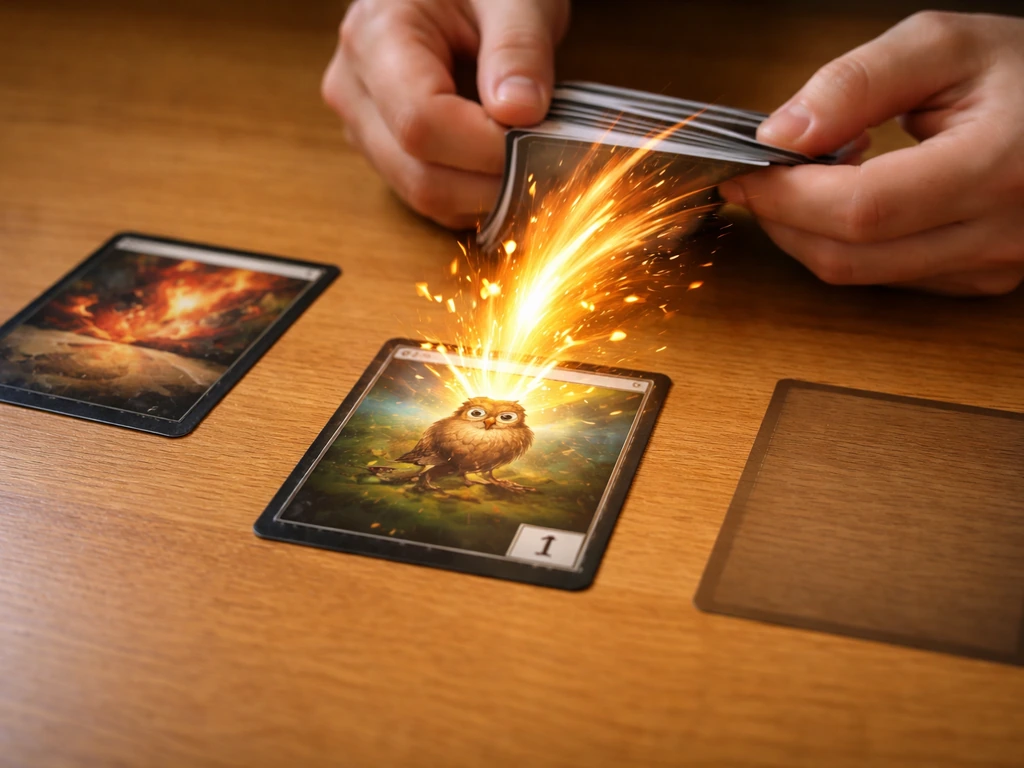 Close-up tabletop card game moment: a hand casts a cheap spell onto a small bird-like creature card.