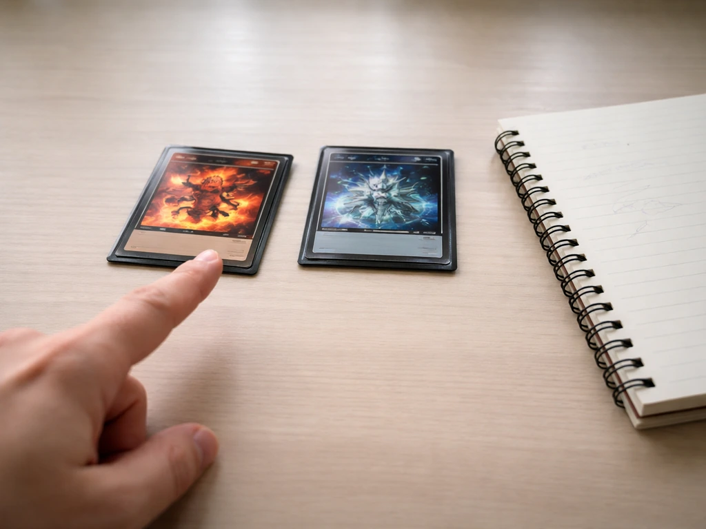Close-up of two MTG-style cards and a hand pointing, next to a plain notebook page with an unrelated everyday sentence.