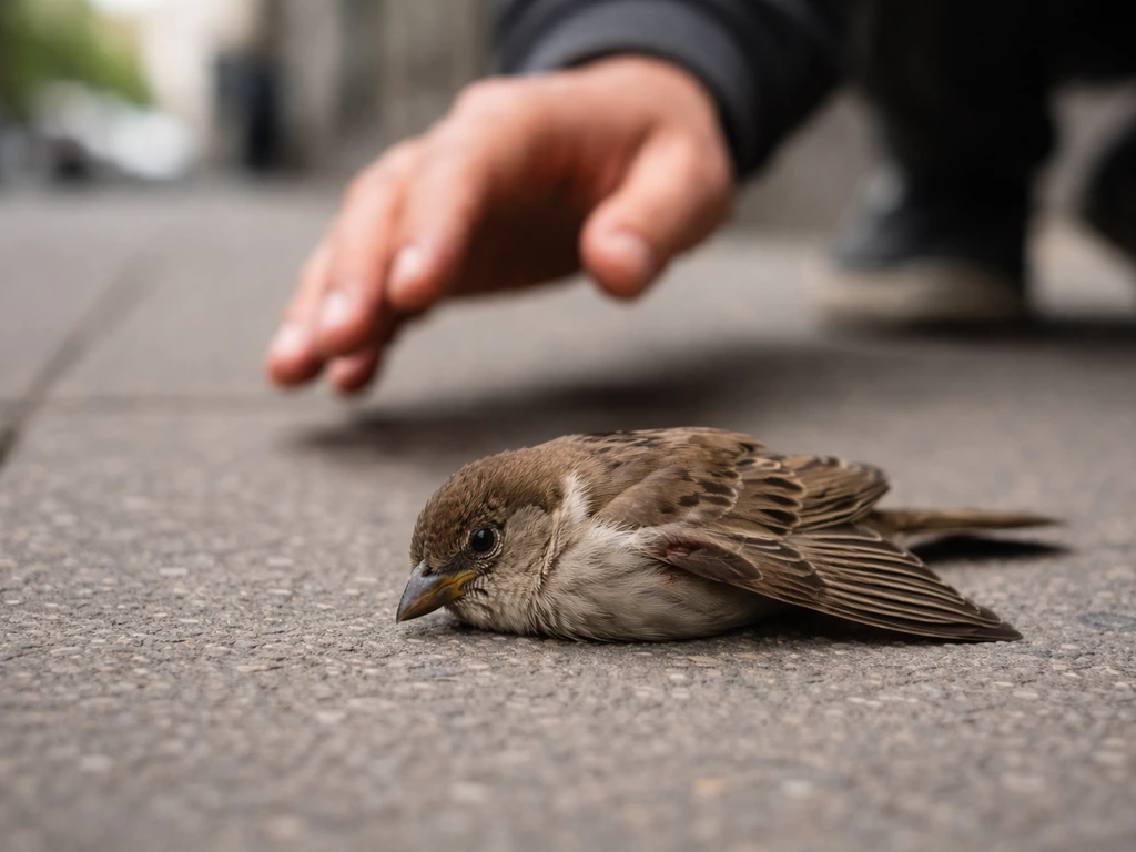 Injured small bird on a sidewalk while a careful hand reaches from the background to help.