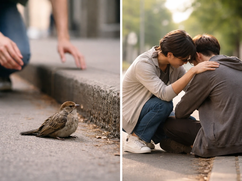 Split-scene photo: side-by-side an injured bird on a sidewalk and a person comforting someone with pity.