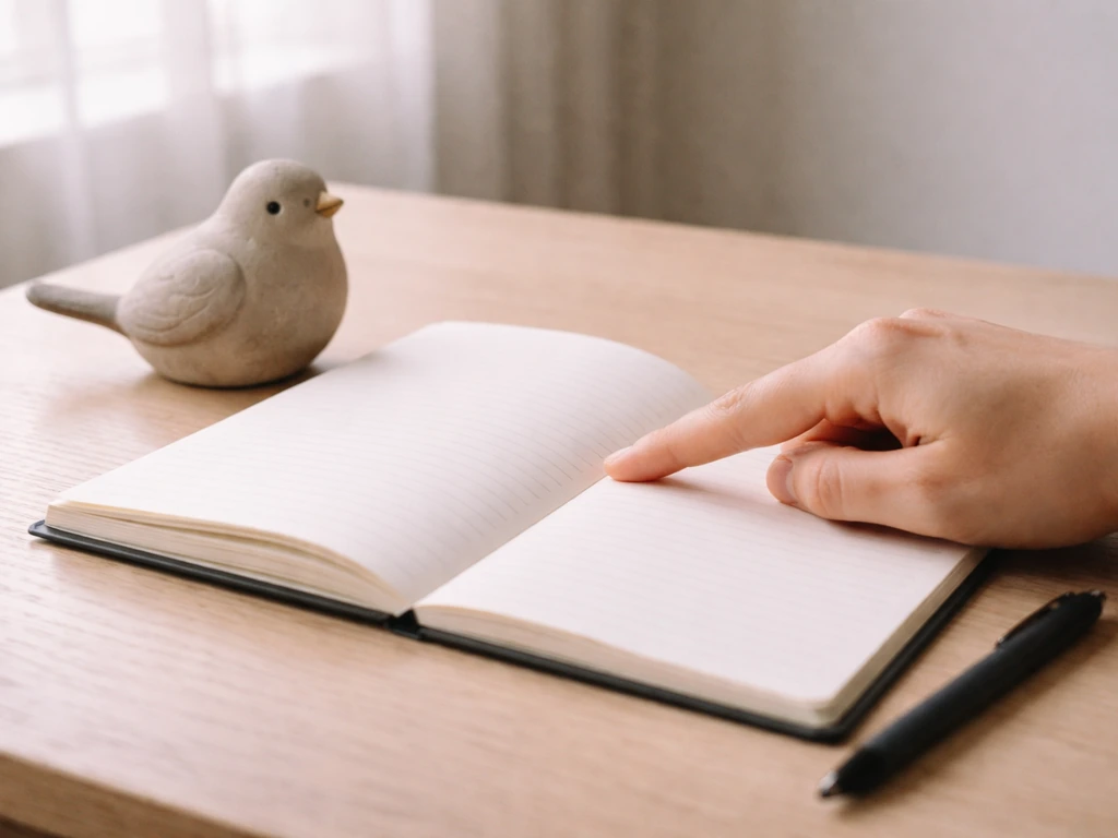 Hand pointing at a blank notebook beside a small bird figurine, suggesting “angry bird” usage.