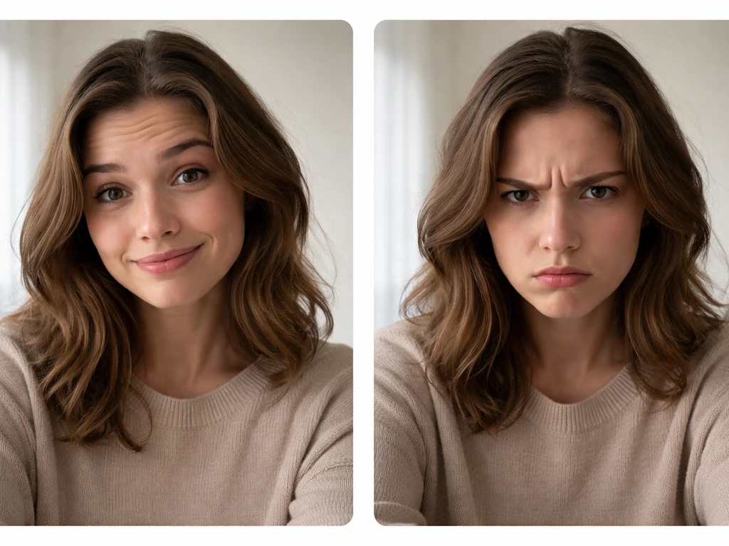 Two side-by-side close-ups: playful smiling face and scowling face in simple home light