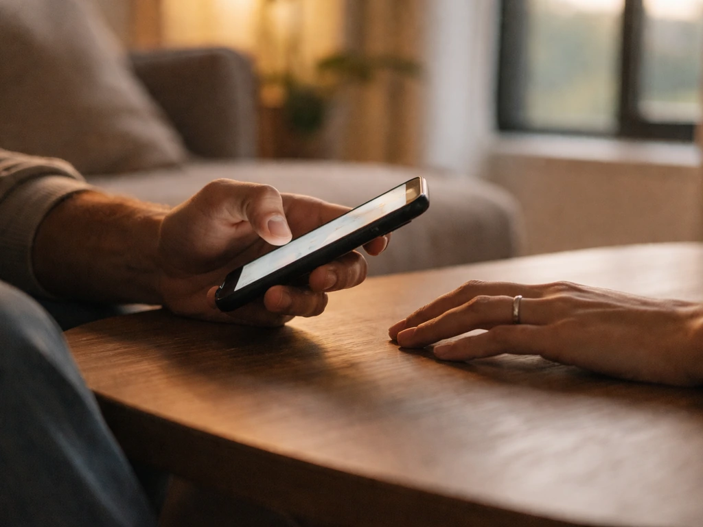 Two anonymous partners’ hands near a phone on a coffee table in a cozy living room, warm light.