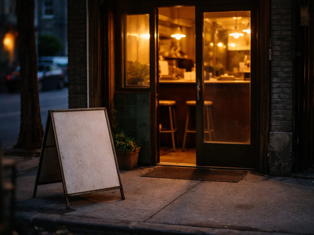 Warm-lit hole-in-the-wall diner entrance with an empty leaning sign, suggesting an unusual rare find.