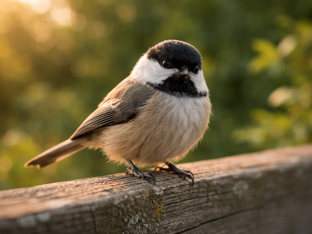 Small songbird perched on a fence rail in soft sunlight, close-up with a playful, wholesome feel