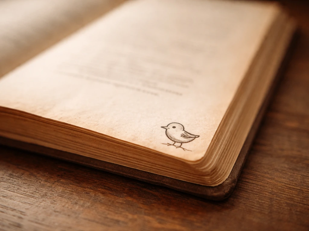 Open vintage book with a small bird in the margin, warm paper tones in natural light.