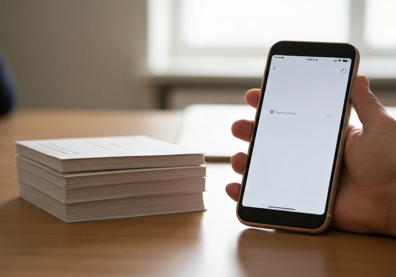 Hand holding a phone beside a small stack of letters, suggesting no reply.