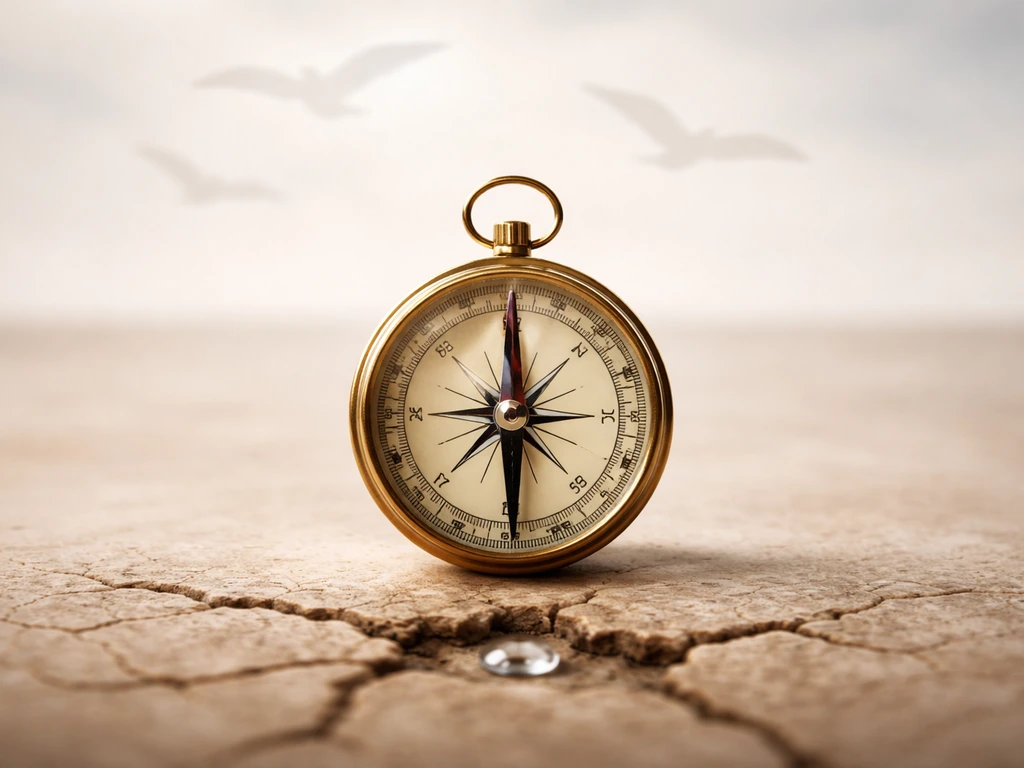 Minimal riddle scene with a compass pointing north, faint bird shapes overhead, and subtle water and cracked earth symbo