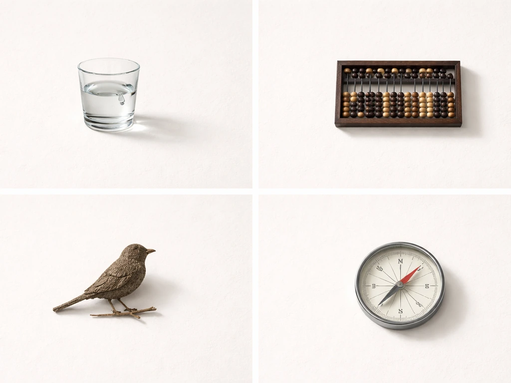 Four minimal icon panels: water drip, abacus counting, bird silhouette, and compass north needle.