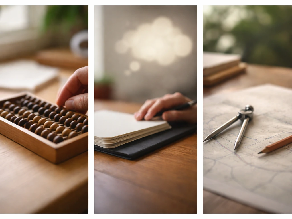Three minimal photo tiles showing abacus, thinking glow, and map with compass to suggest “reckoned” tones.