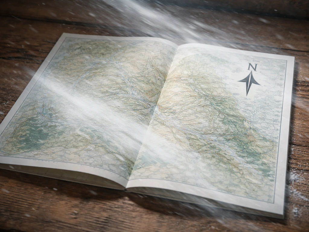 Top-down map with a north arrow and subtle snowy wind streaks suggesting cold north beyond direction.