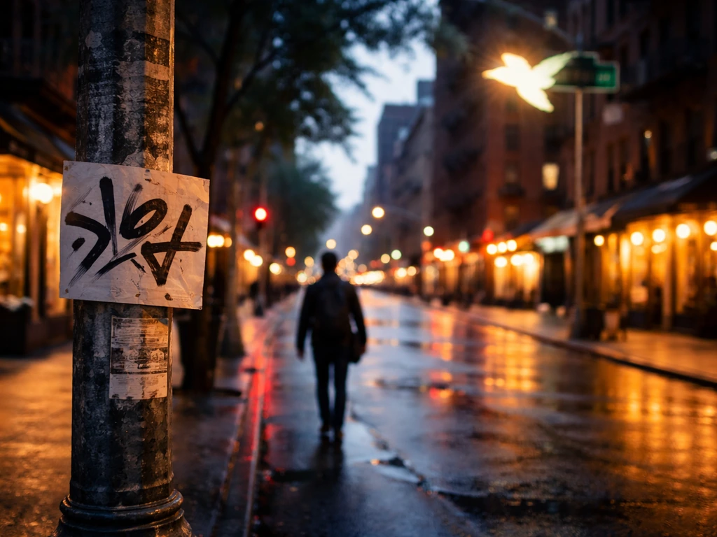 Dusk NYC street with warm lights and wet pavement, a lamppost with a handmade sign hint and an abstract bird silhouette.