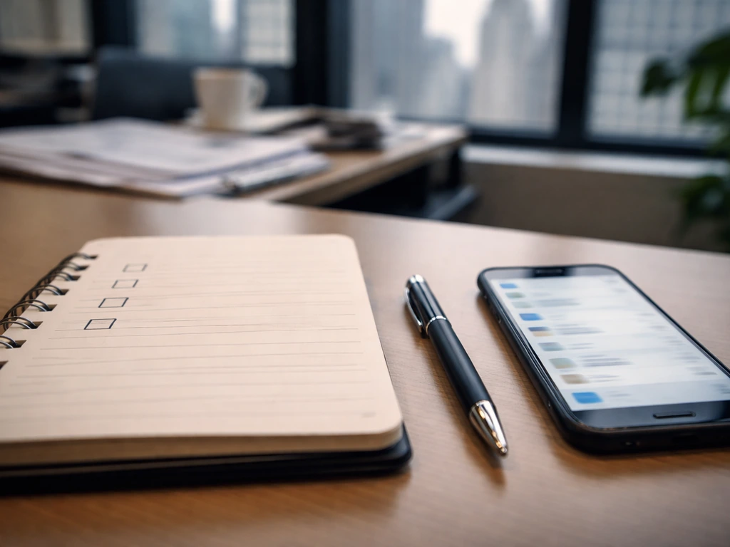 Minimal desk scene with a three-item checklist in a notebook beside a phone and pen.