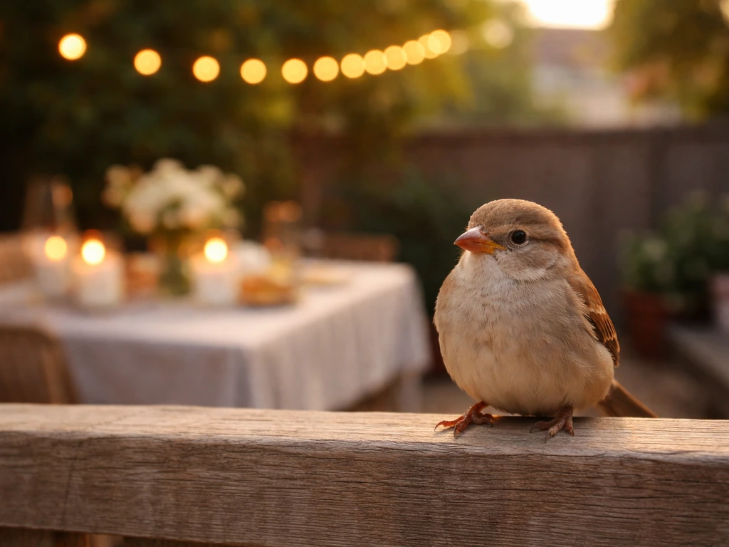 Small bird perched on a wooden fence rail with warm bokeh lights behind it.