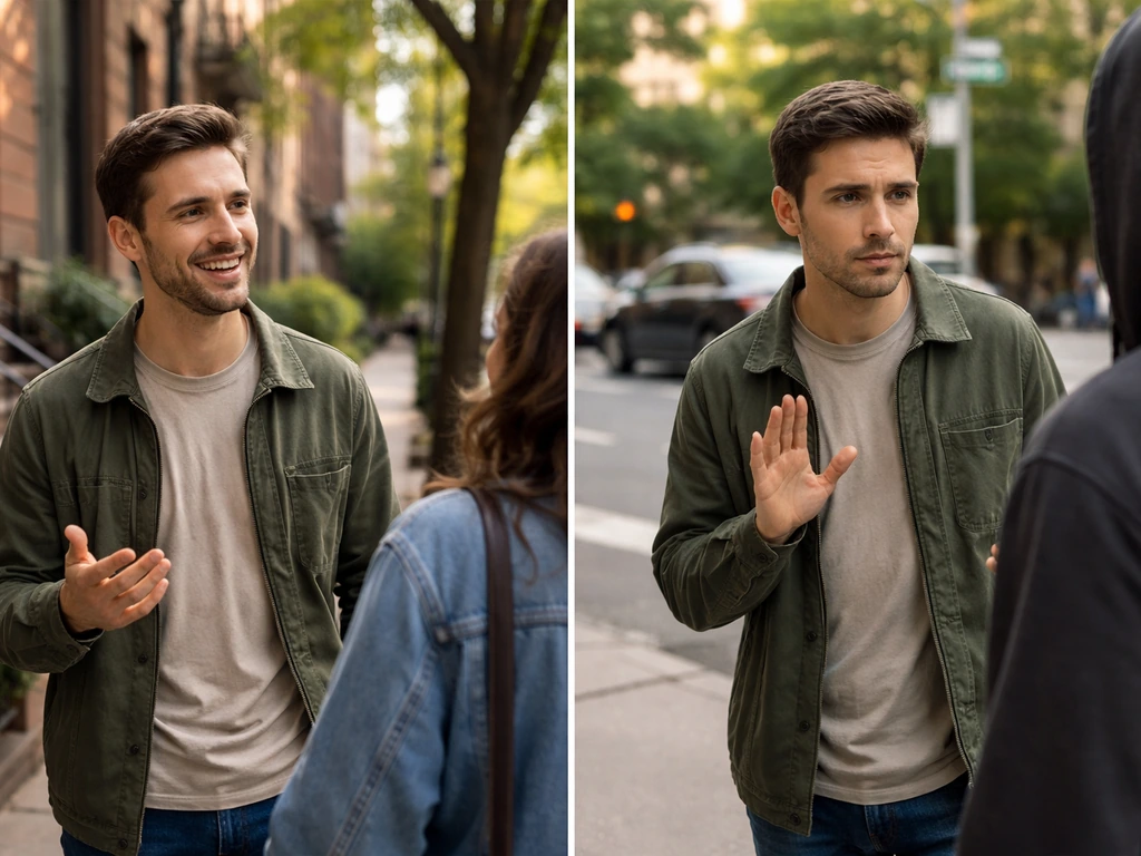 Split NYC sidewalk moment: friendly casual conversation on one side, cautious uncertain pause on the other.
