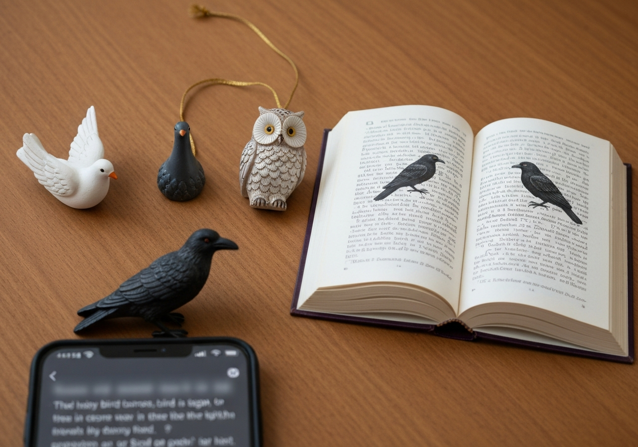 Dove, owl, and raven symbols beside a blurred “bird” text on a phone