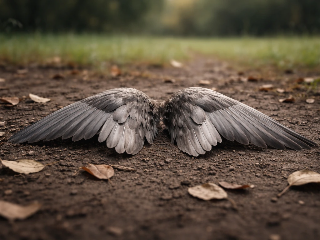 Dead bird wings lying on the ground outdoors, natural light highlighting symbolism and superstition.