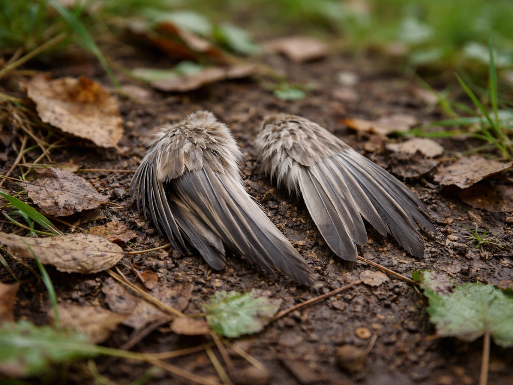 Close-up of small dead bird wings outdoors on leaves and grass in natural daylight.