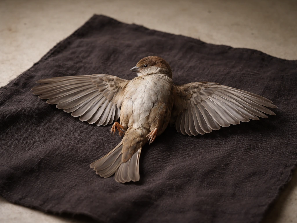 Folk-art style scene of a small dead bird laid out with wings spread on a dark cloth.