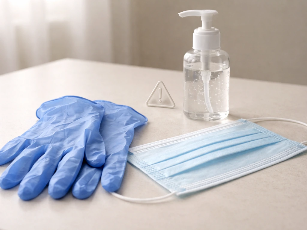Close-up of PPE gloves and a mask beside hand sanitizer with an avian influenza warning icon style