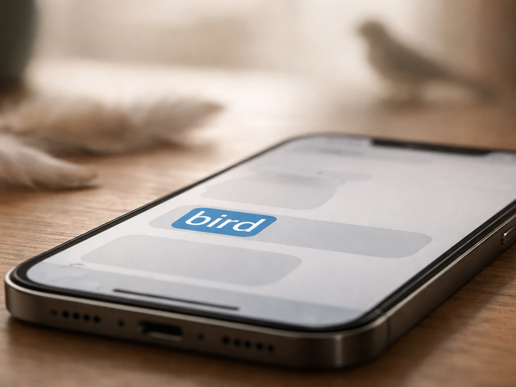 Close-up of a phone showing the highlighted word “bird,” with subtle bird imagery in the background.