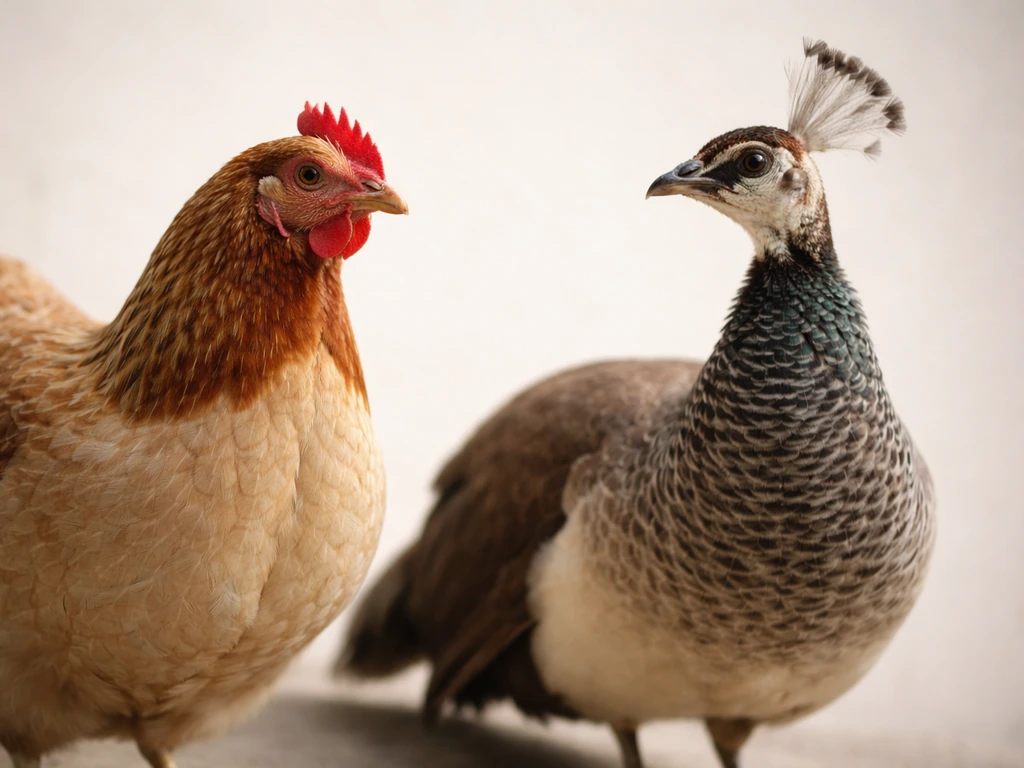 A realistic hen and peahen side-by-side on a plain background, symbolizing overlapping bird meanings.