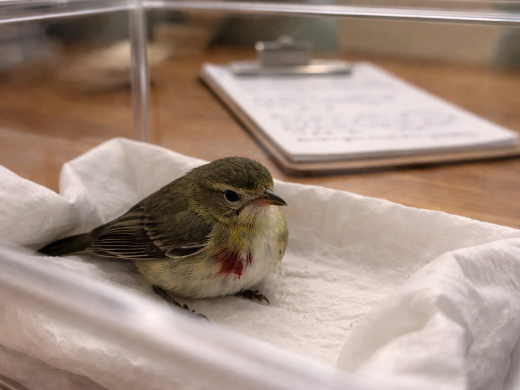 Injured bird resting in a small recovery box with a blurred clipboard behind it.