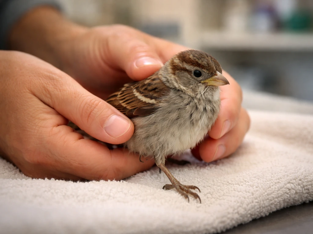 An injured small bird with a drooping leg, gently supported by a handler’s hands on a towel.