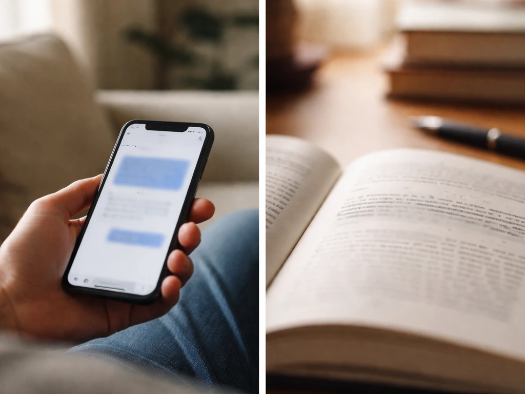 Split-screen: blurred chat bubble on a phone vs. blurred open book pages on a desk.