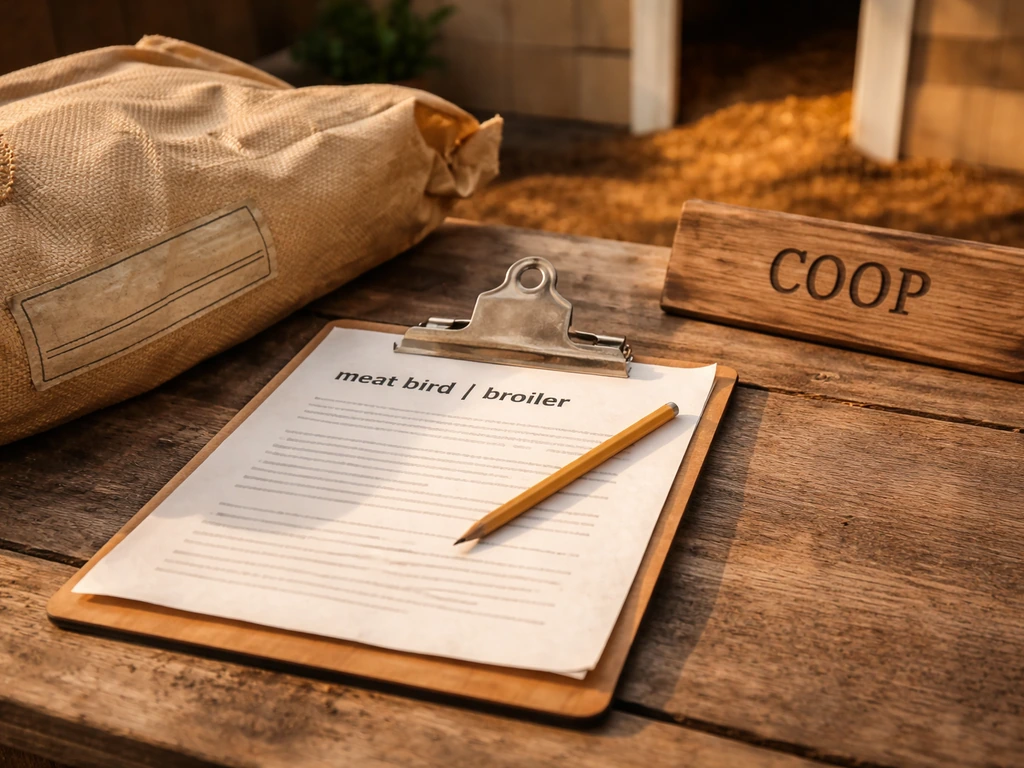 Backyard poultry reference materials on a table, with “meat bird” and “broiler” wording visible.