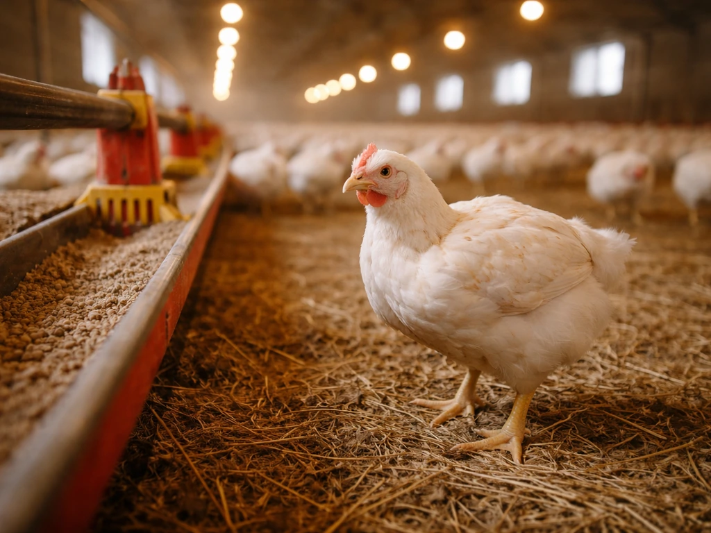 Broiler chicken in a clean poultry barn near a feeder, suggesting fast growth and meat production.