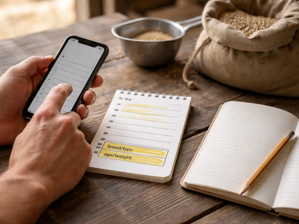 Hands reviewing a smartphone and checklist on a farm table to verify listing details for poultry terms.