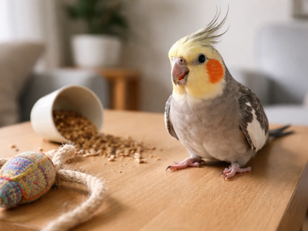 Cheeky small pet bird perched beside spilled birdseed and a tugged toy, playful mischief vibe.