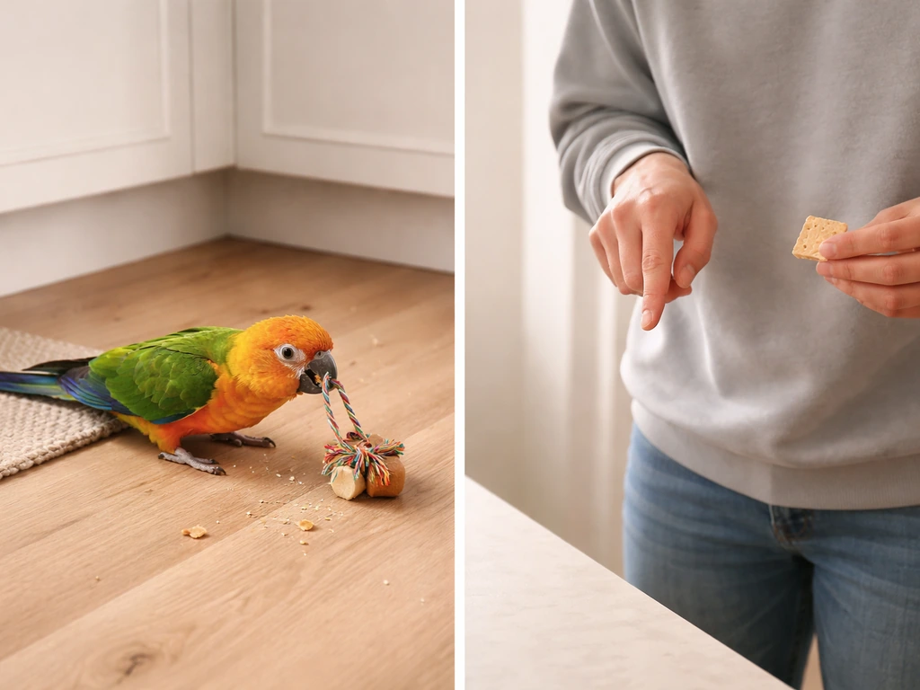 Split image: a parrot cheekily tugging a toy on the left, and a person playfully scolding on the right.