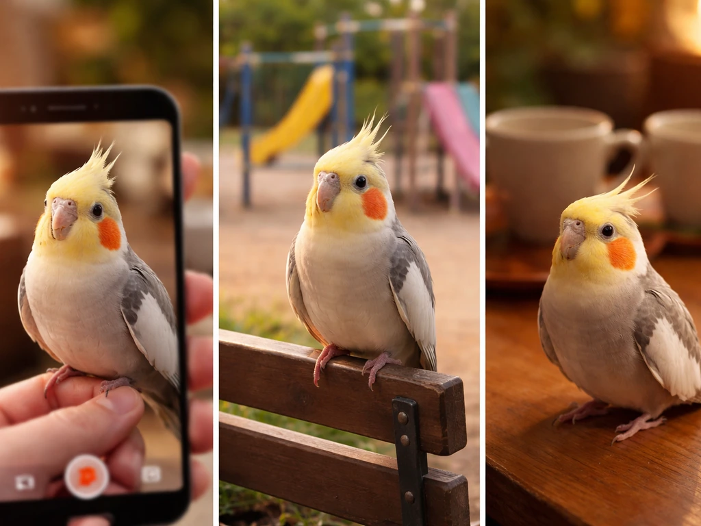 Three-panel minimal collage: playful bird caption contexts in pet video, playground banter, and flirt-risk caption setti