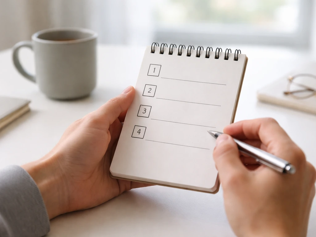 Hands writing on a notepad with four blank numbered boxes checklist on a simple desk