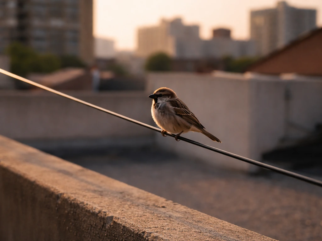 A small bird perched on a thin power wire above blurred city buildings on a rooftop.