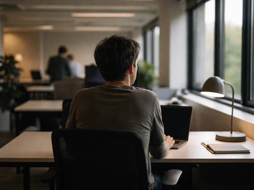 Solitary office worker at a desk looking away from a busy, out-of-focus workspace