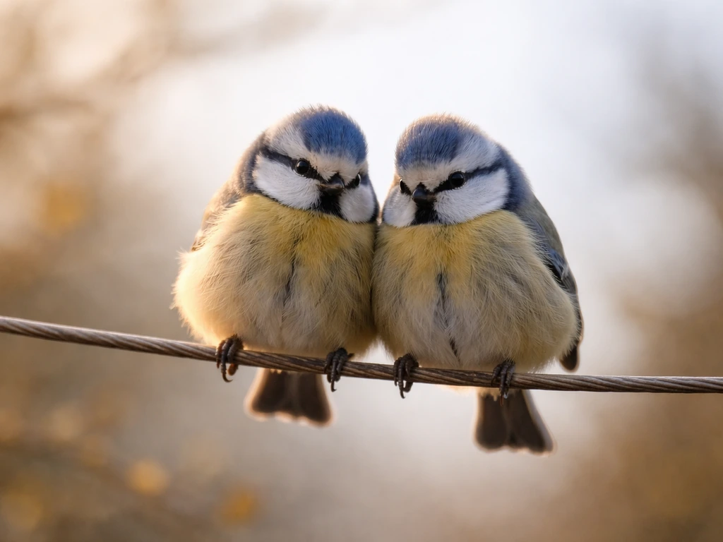 Two small birds perched close together on a wire, suggesting friendship and connection.