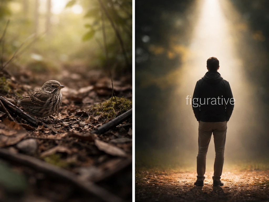 Camouflaged bird in nature and a person in a spotlight, split-screen showing literal vs figurative meaning
