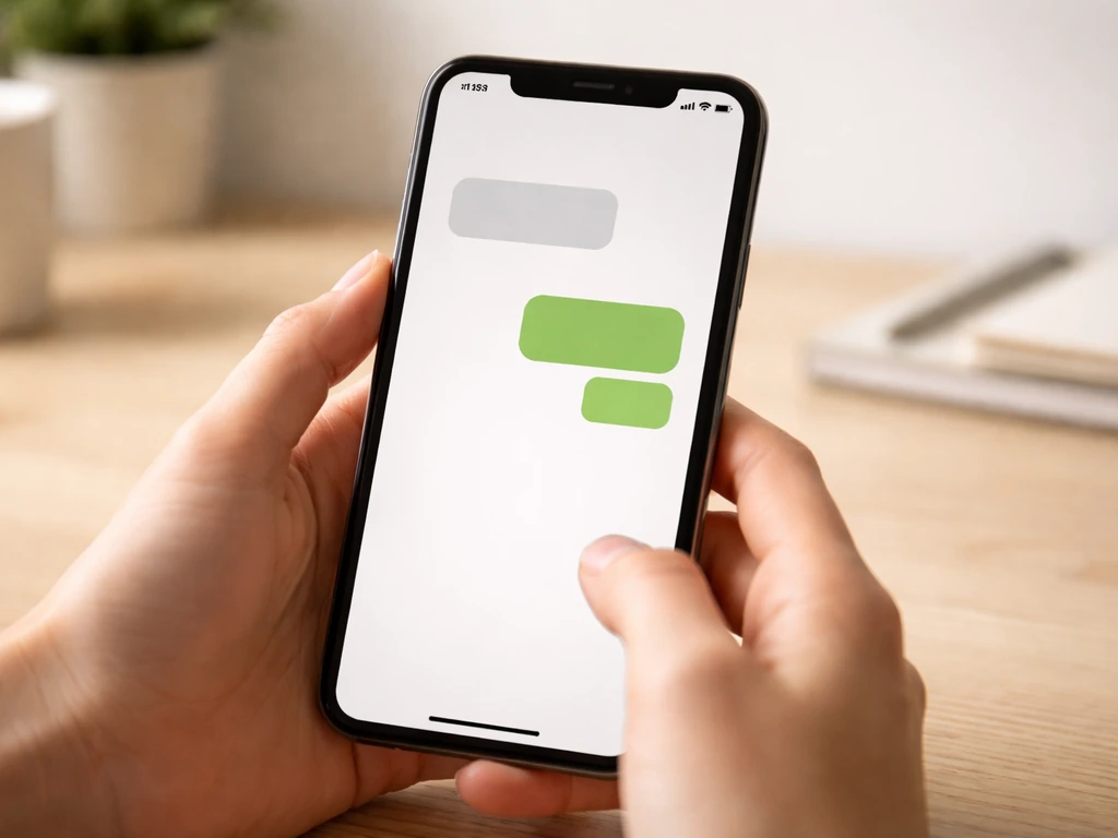 Hands holding a phone with two simple chat bubbles suggesting appreciative and playful reply options