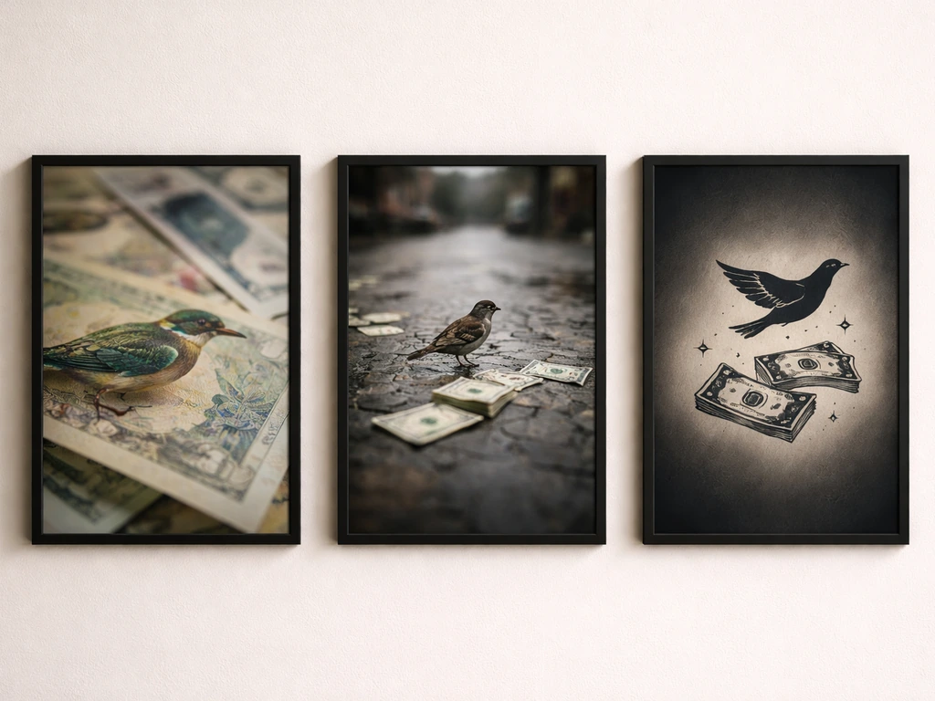Three simple photo panels showing a bird on currency, bird-and-cash street vibe, and bird with symbolic money art.