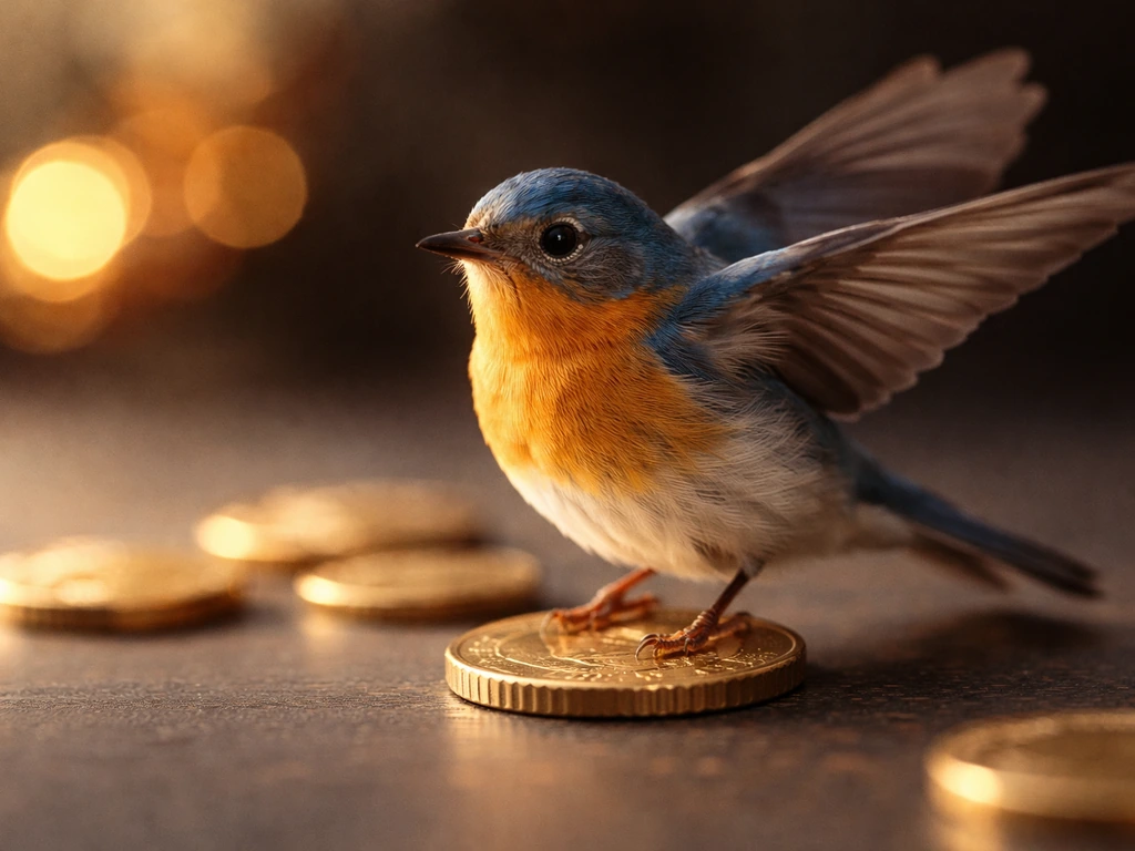 A small bird perched above scattered coins, symbolizing luck and prosperity in warm natural light.