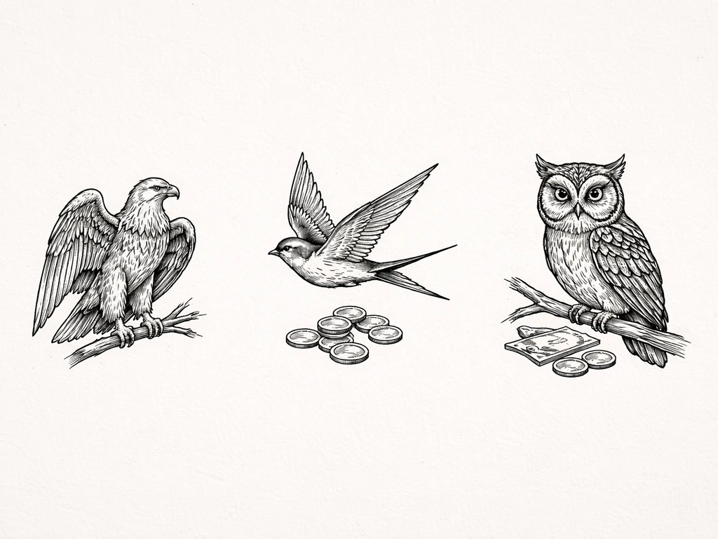 Three small tattoo-style bird illustrations beside stylized coins showing different symbolism