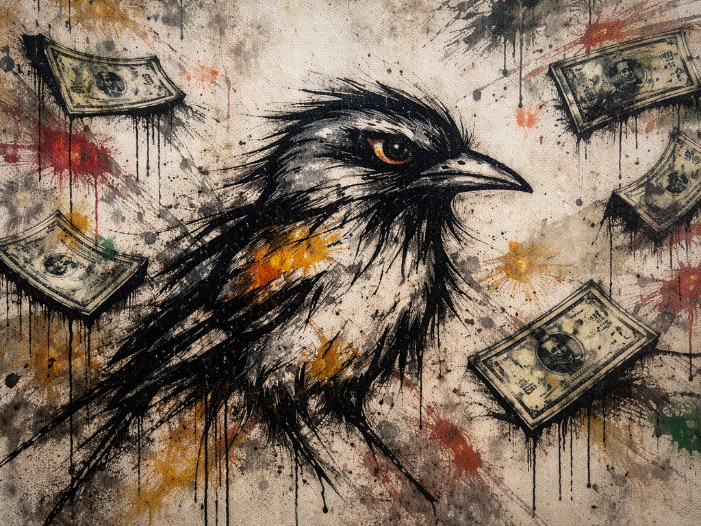 Close-up of a gritty street-art style bird motif over scattered currency-like shapes on a worn canvas.