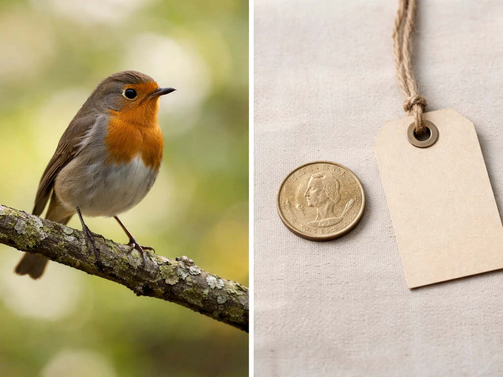 Split-screen photo: bird on a branch on one side, coin with a blank tag on the other.